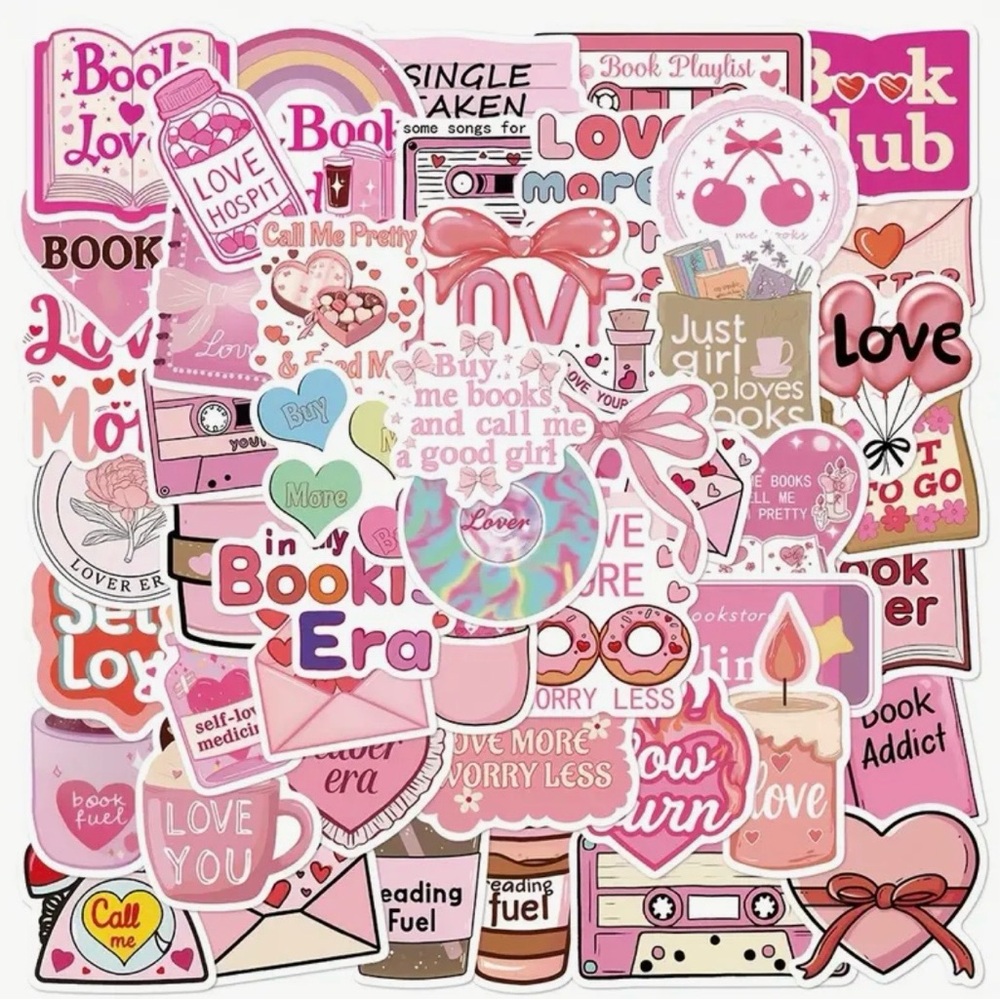 50 Pink Book Club Stickers Love Coffee Hearts Romance Lover Girls Fun Reader